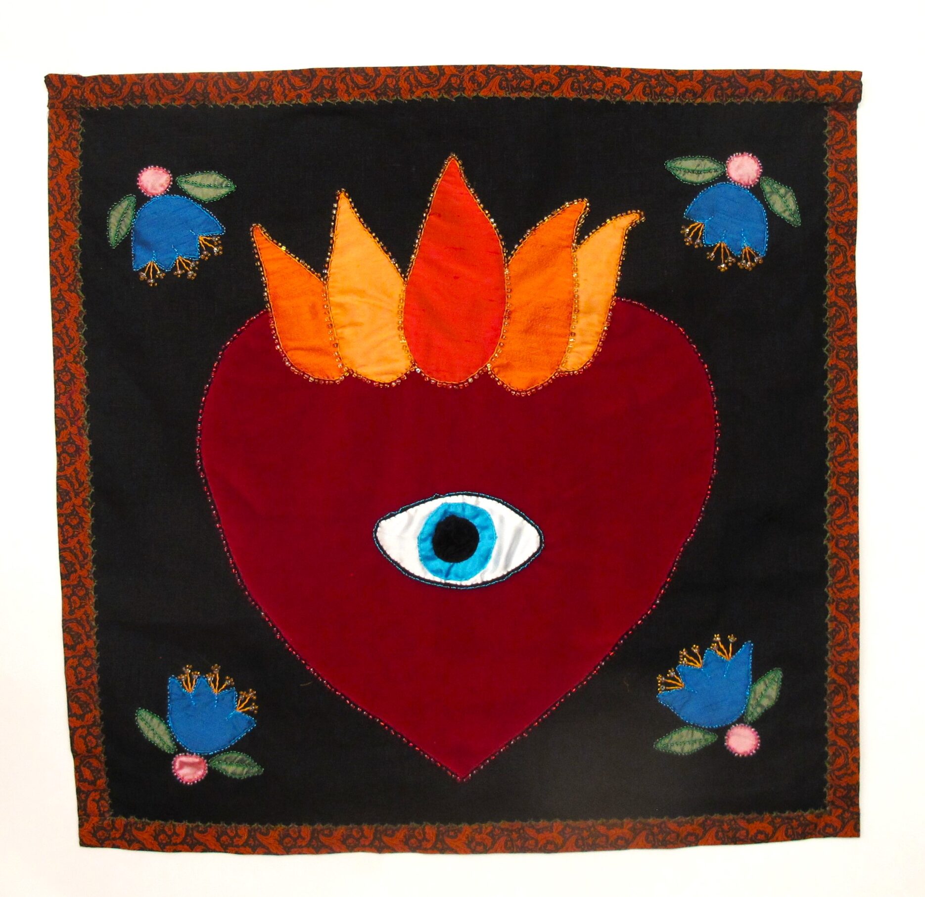 El Corazon, 2023, Velver and silk applique on linen, embridery, beads 24 x 24 inches $800